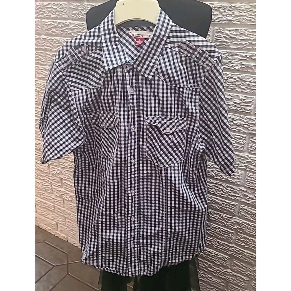 Raw Edge Authentic Sportswear Vintage Blue Short Sleeve Plaid Shirt Men’s L